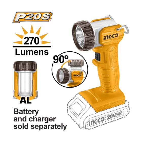 INGCO 20V ไฟฉาย LED 5 วัตต์ ปรับหัวได้ รุ่น CWLI2038 ความสว่าง 270 ลูเมน ไม่รวมแบตเตอรี่และแท่นชาร์จ (อิงโก้)