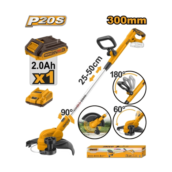INGCO เครื่องเล็มหญ้าสายเอ็น 20V 300 มม. รุ่น CGTLI203285 ความเร็วรอบ 8,200 รอบ/นาที