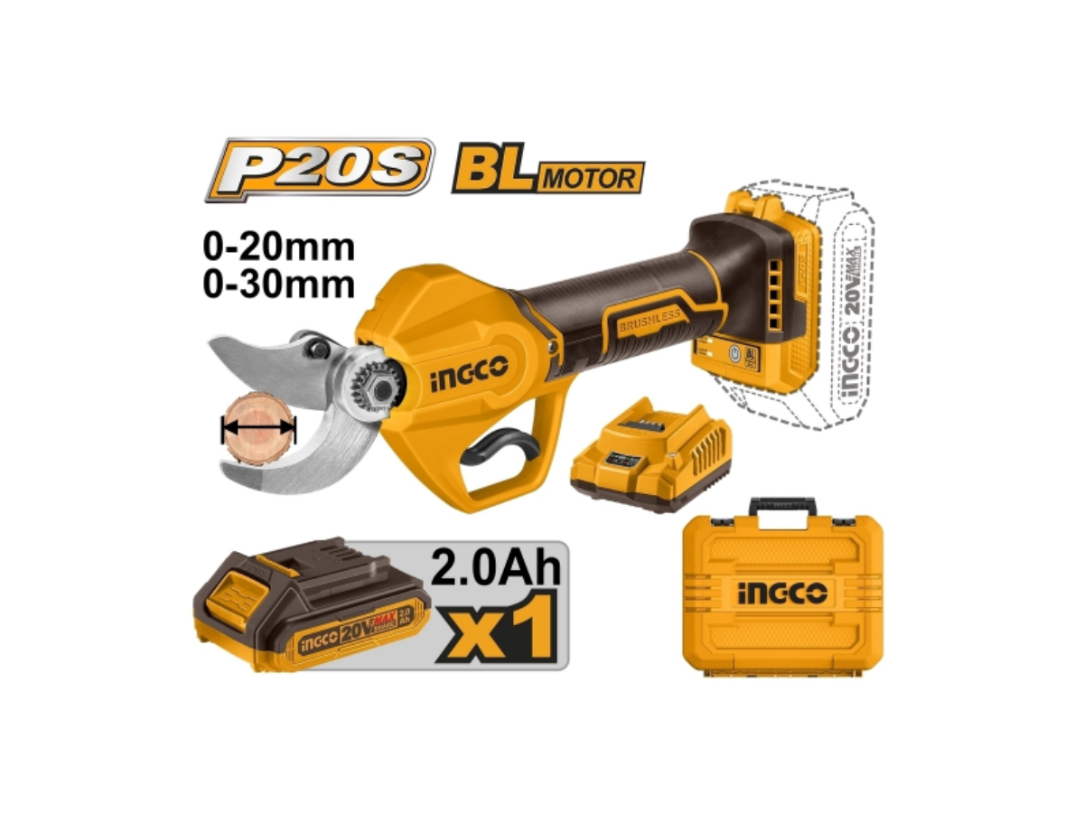 INGCO กรรไกรตัดกิ่งไร้สาย 20 โวลต์ รุ่น CSSLI203083 มอเตอร์ Brushless สามารถตัดได้ 20-30 มม. 