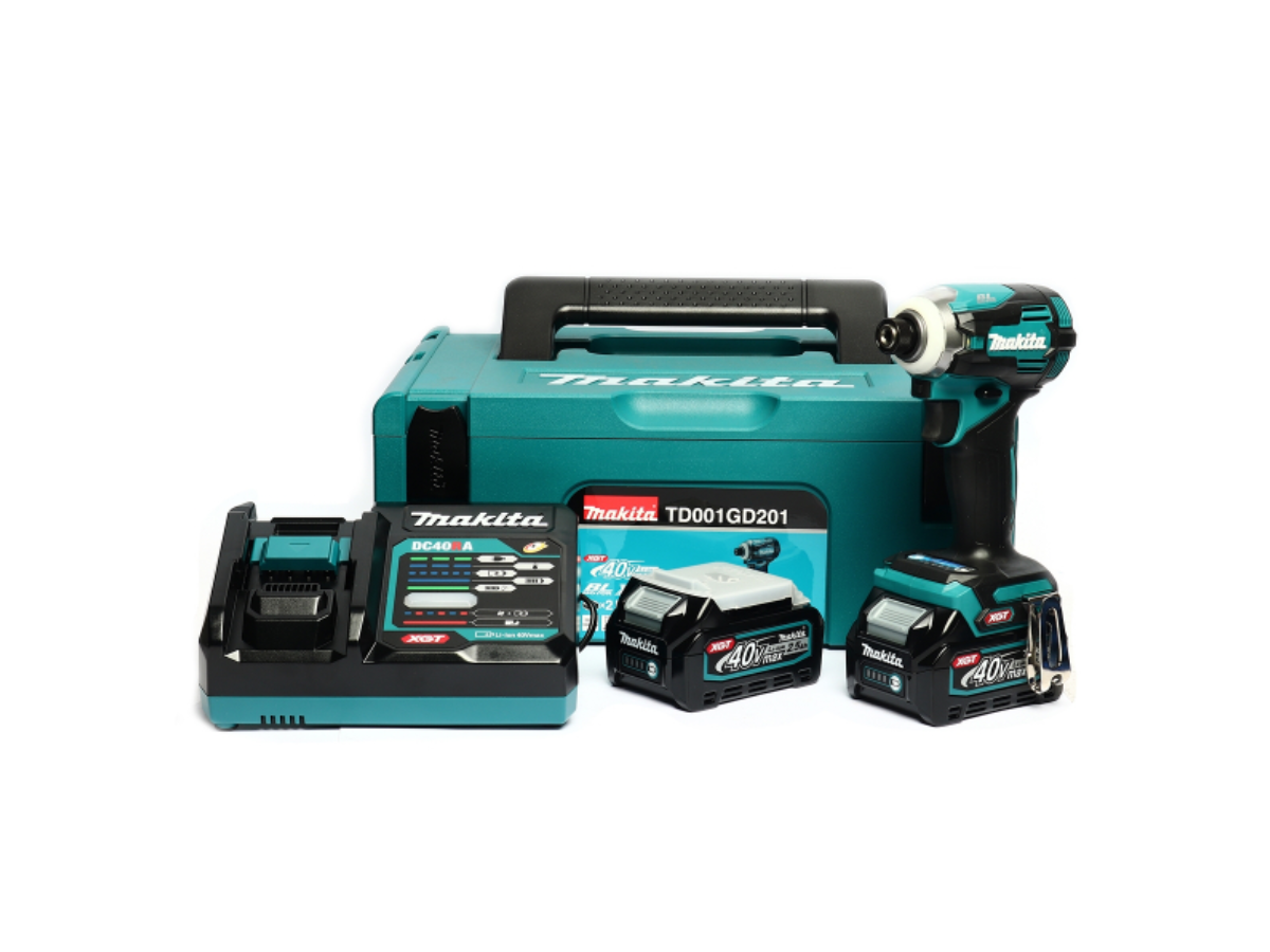 MAKITA สว่านไขควงกระแทกไร้สาย 40 โวลต์ 1/4 นิ้ว รุ่น TD001GD201 แรงบิดสูงสุด 220 นิวตันเมตร รวมแบตเตอรี่และแท่นชาร์จ