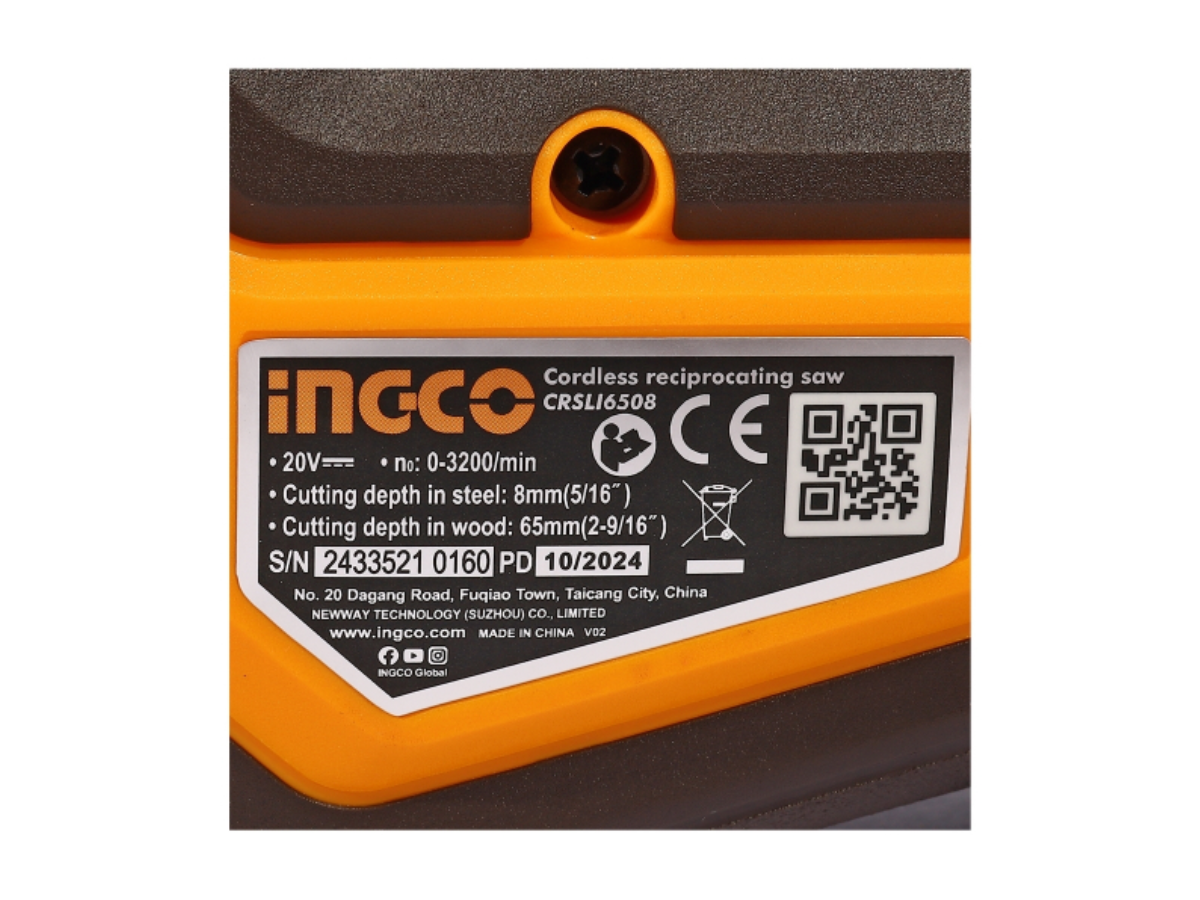 INGCO 20V เลื่อยชักไร้สายมือเดียว รุ่น CRSLI6508 ความเร็วรอบ 0-3,200 รอบ/นาที ไม่รวมแบตเตอรี่และแท่นชาร์จ