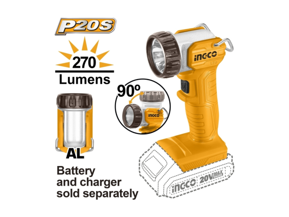 INGCO 20V ไฟฉาย LED 5 วัตต์ ปรับหัวได้ รุ่น CWLI2038 ความสว่าง 270 ลูเมน ไม่รวมแบตเตอรี่และแท่นชาร์จ (อิงโก้)